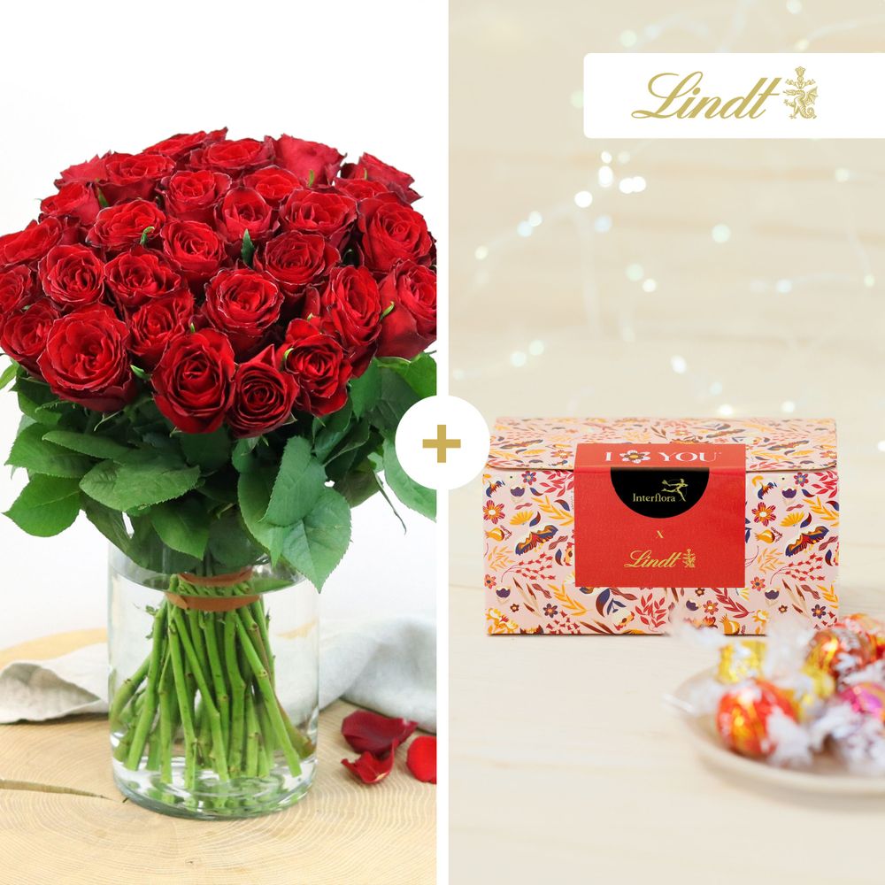 Brassée de roses rouges et son coffret Lindt