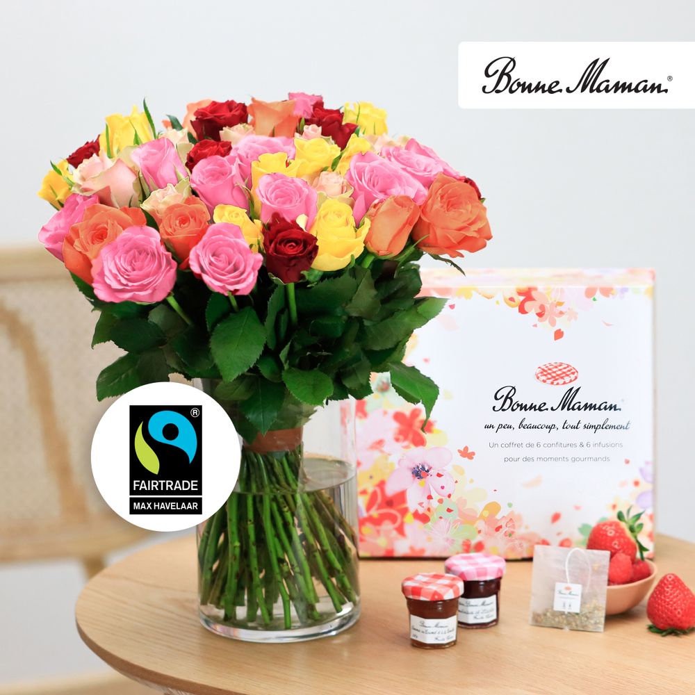 Brassée de roses multicolores et son coffret Bonne Maman