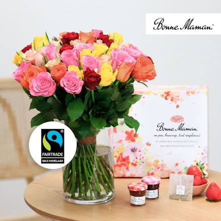 Brassée de roses multicolores et son coffret Bonne Maman