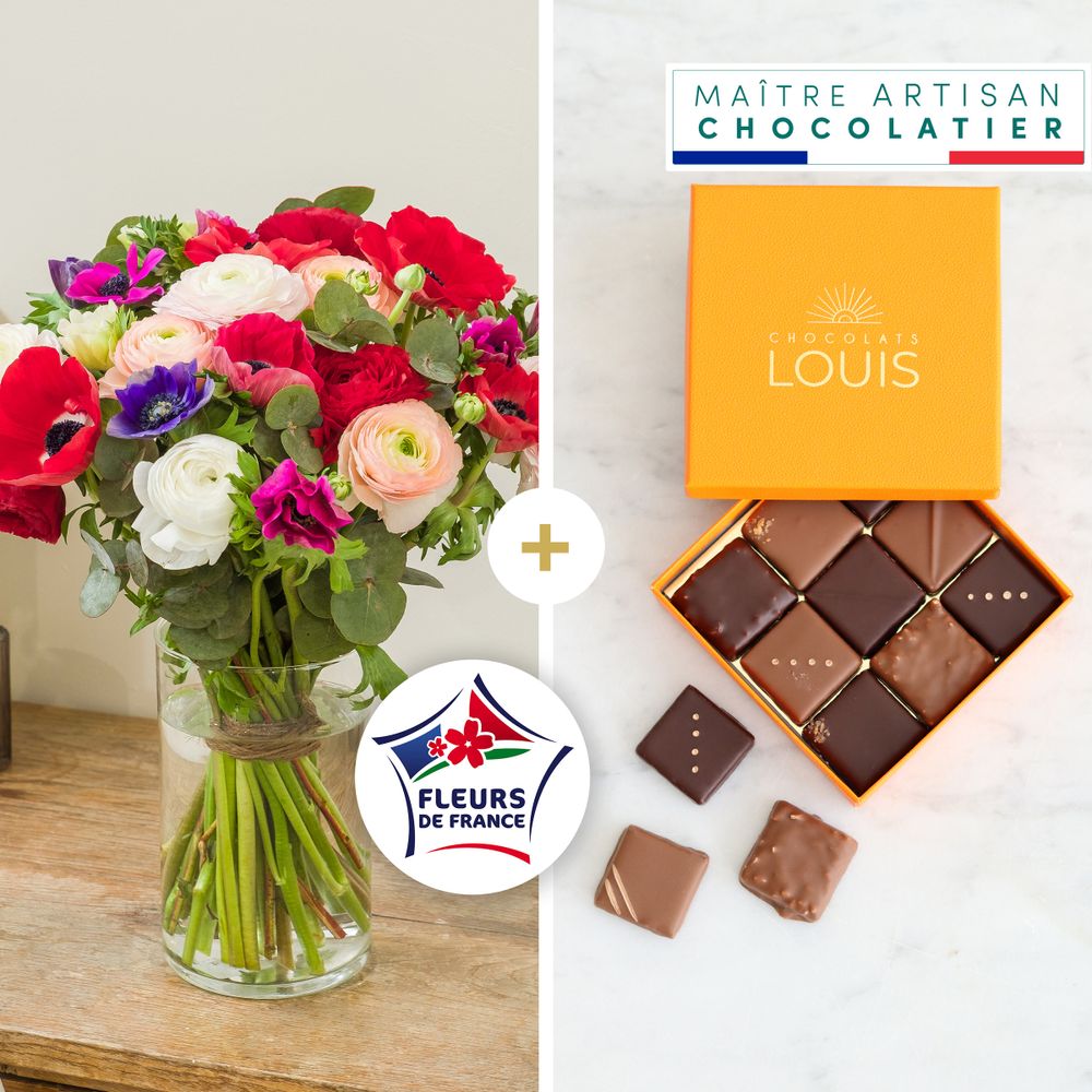 Brassée d'anémones et renoncules et ses chocolats