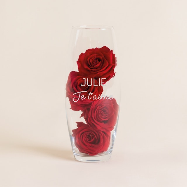 Roses rouges éternelles et leur vase gravé personnalisable
