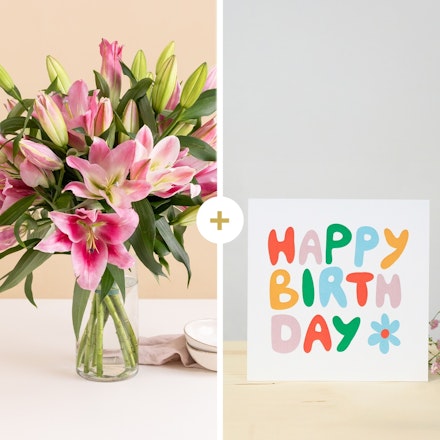 Brassée de lys et sa carte message Joyeux anniversaire