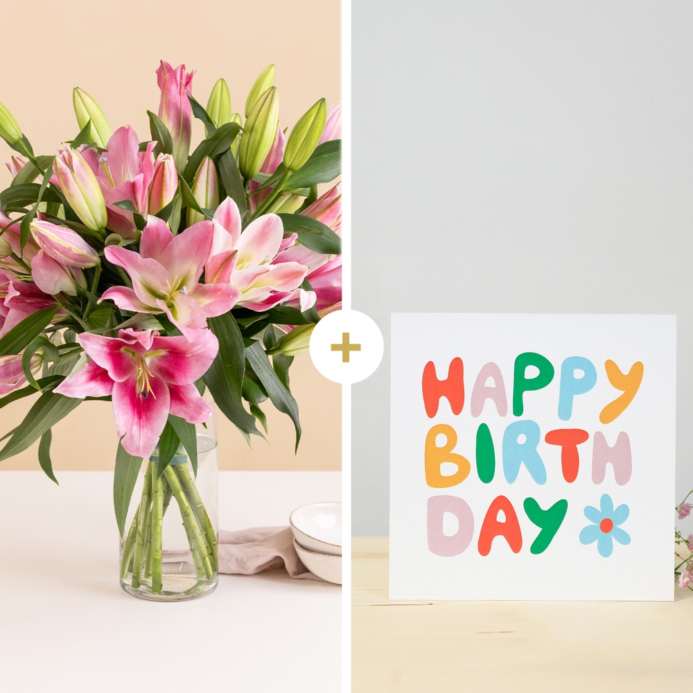 Brassée de lys et sa carte message Joyeux anniversaire