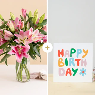 Brassée de lys et sa carte message Joyeux anniversaire