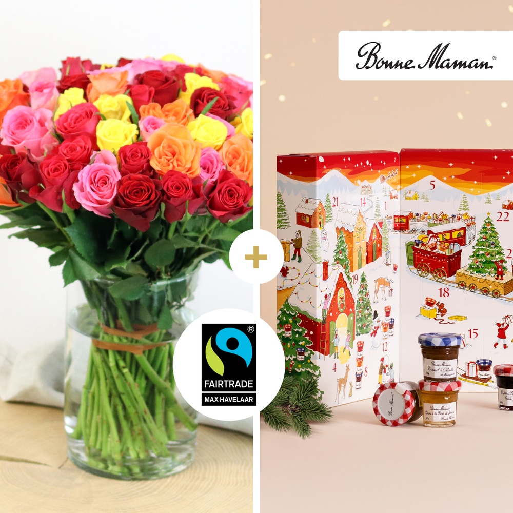 Brassée de roses et son Calendrier de l'Avent Bonne Maman