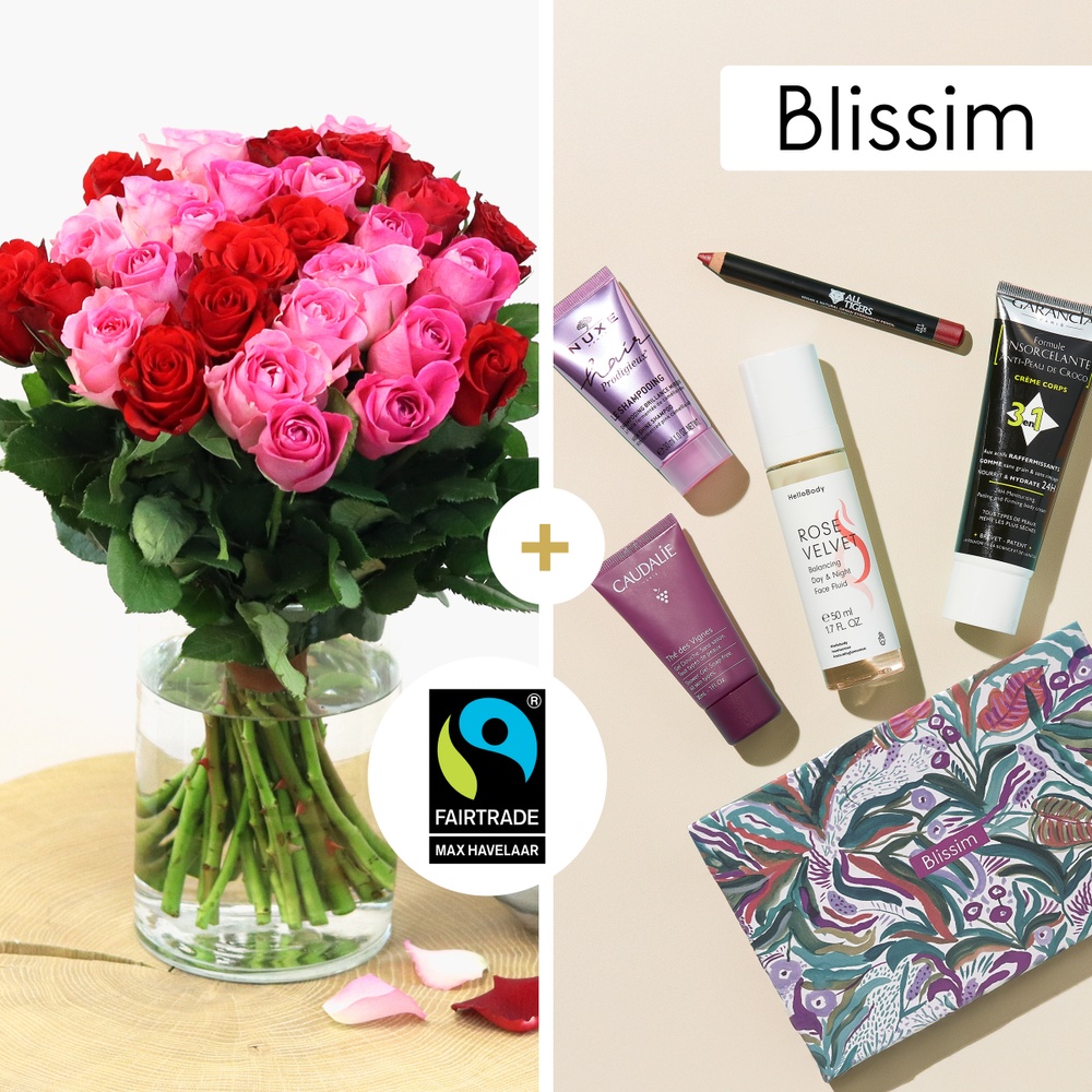 Brassée de roses roses et sa box beauté Blissim