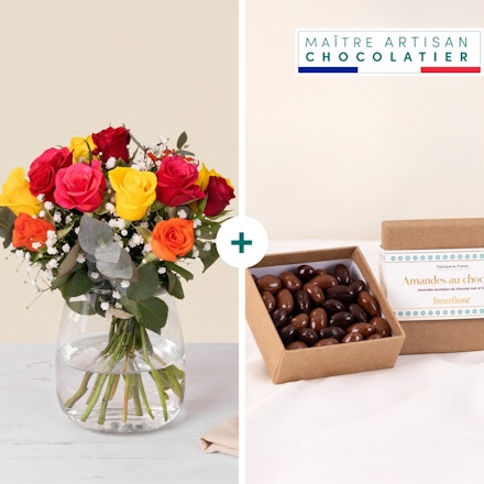 Bouquet de roses multicolores et ses amandes au chocolat