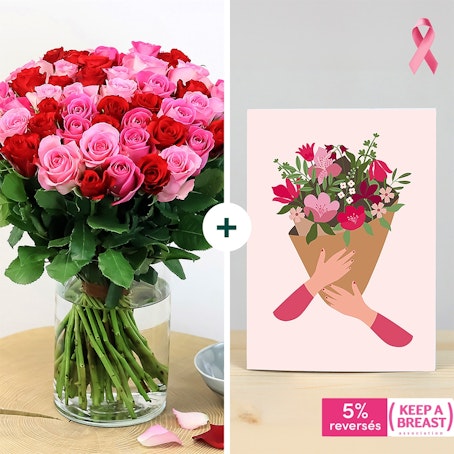 Brassée de roses et sa carte message Octobre rose