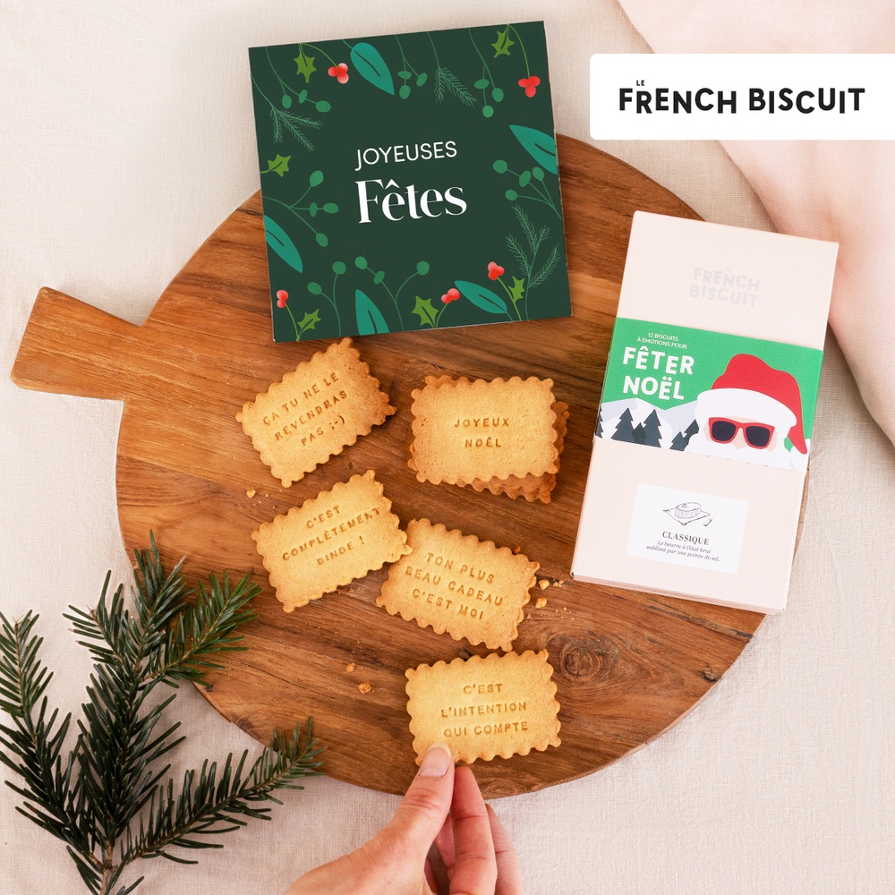 Coffret biscuits Joyeuses Fêtes et sa carte personnalisable