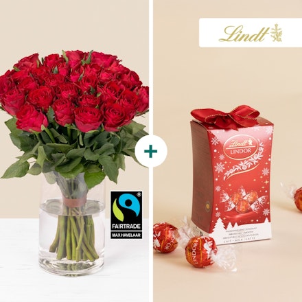 Brassée de roses rouges et son ballotin Lindt