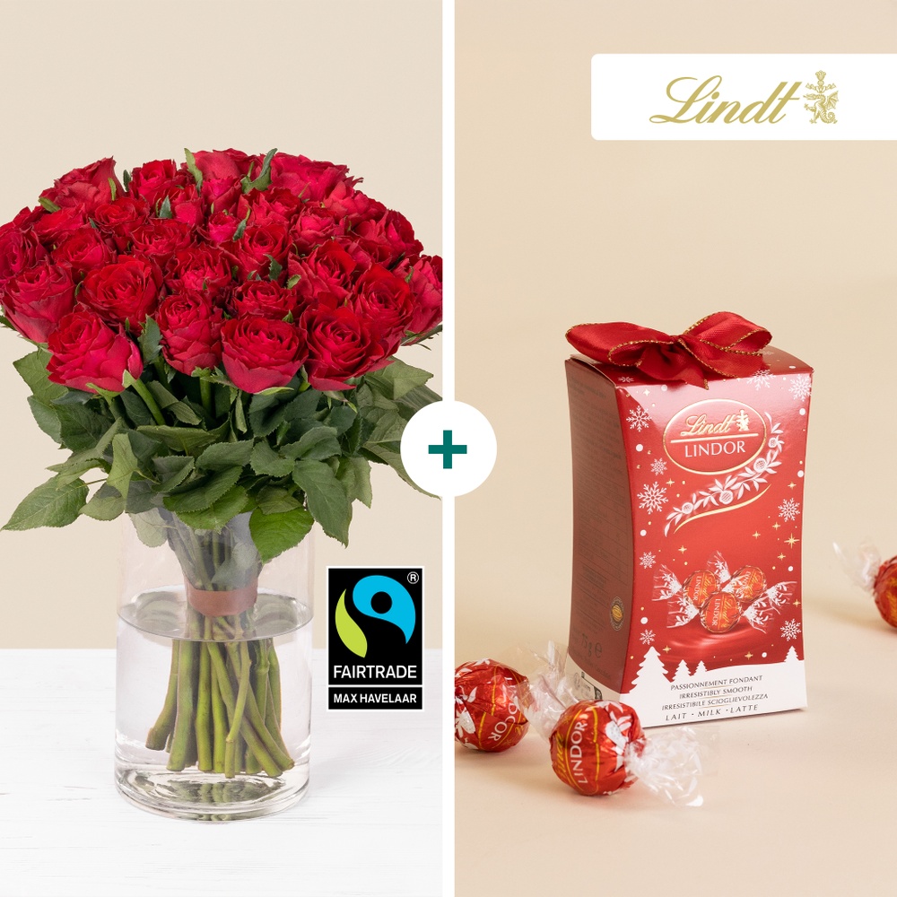 Brassée de roses rouges et son ballotin Lindt