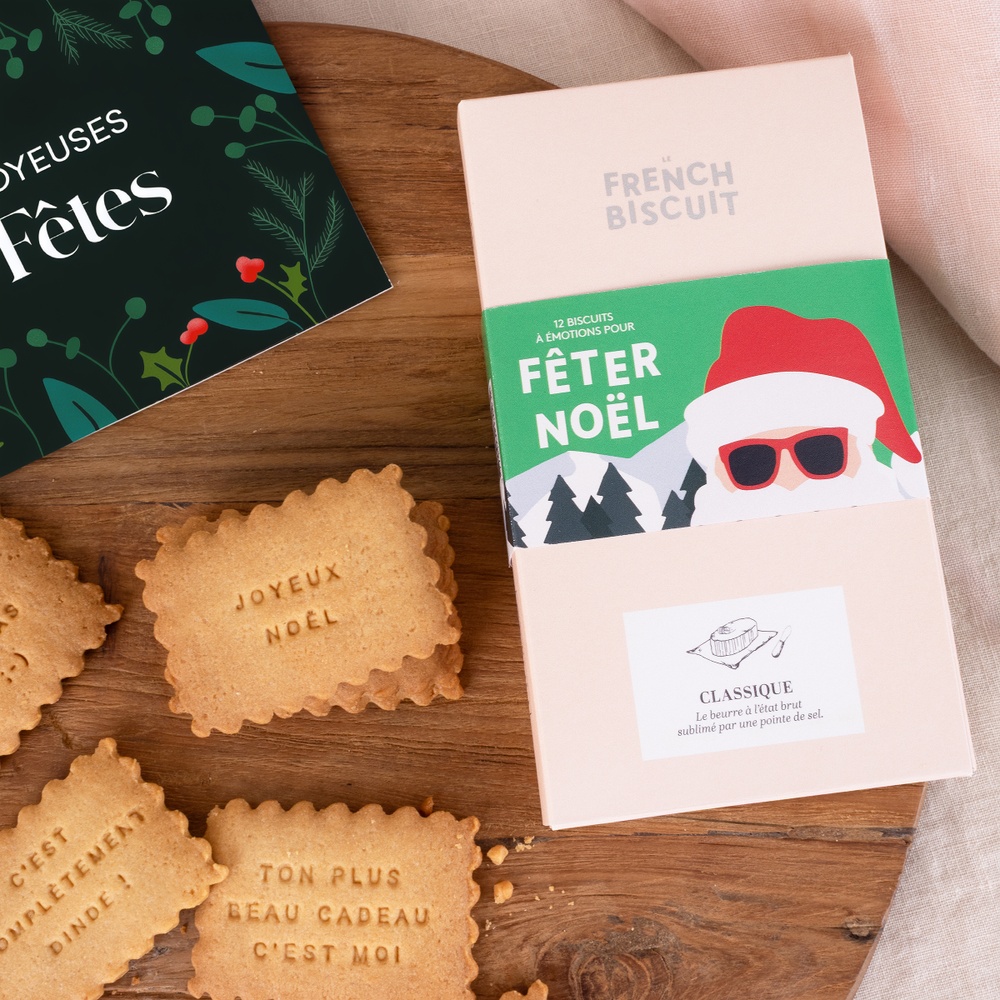 Coffret biscuits Joyeuses Fêtes et sa carte personnalisable