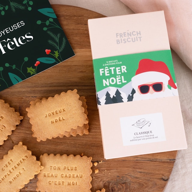 Coffret biscuits Joyeuses Fêtes et sa carte personnalisable