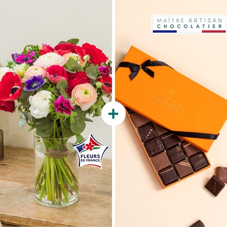Brassée d'anémones et renoncules et ses chocolats