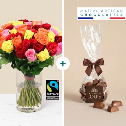 Brassée de roses multicolores et ses chocolats