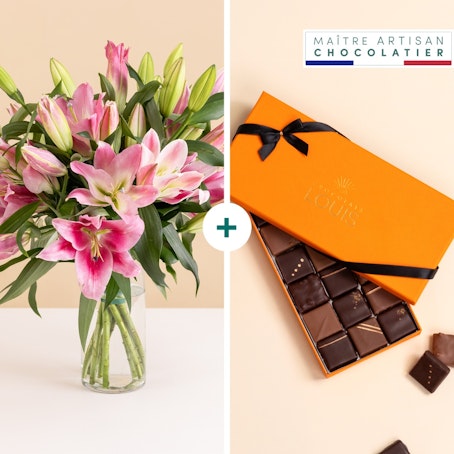 Brassée de lys roses et ses chocolats