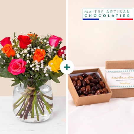 Bouquet de roses multicolores et ses amandes au chocolat