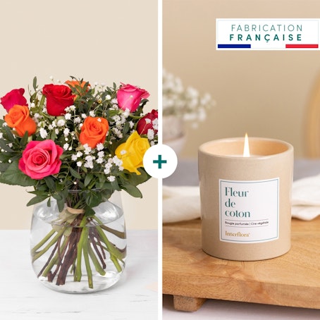 Bouquet de roses multicolores et sa bougie parfumée