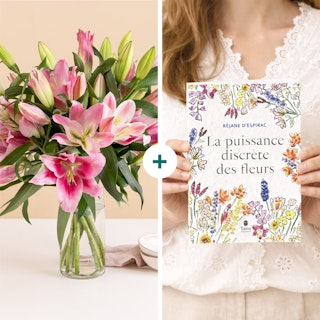 Brassée de lys et livre "La puissance discrète des fleurs"
