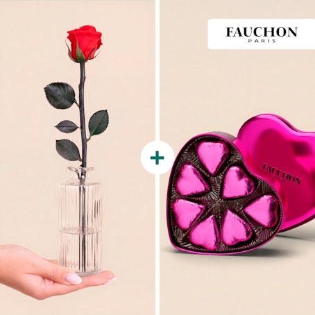 Rose éternelle et ses chocolats coeur Fauchon