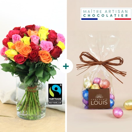 Roses multicolores et ses petits œufs de Pâques