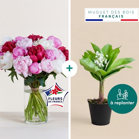 Brassée de pivoines variées et son bottillon de muguet