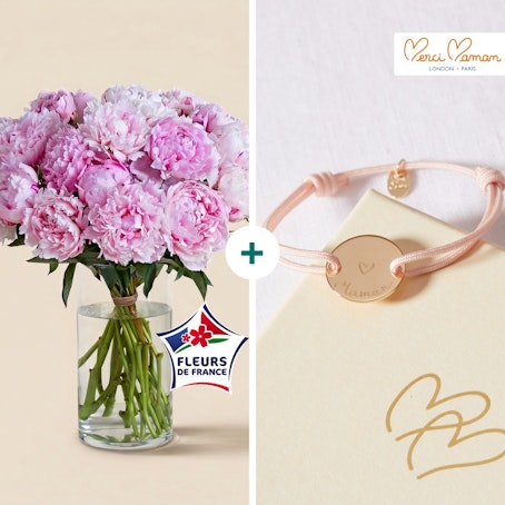 Merci Maman - Pivoines et bracelet gravé "Maman"