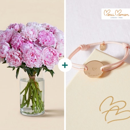 Merci Maman - Pivoines et bracelet gravé "Maman"