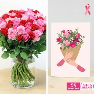Brassée de roses et sa carte message Octobre rose