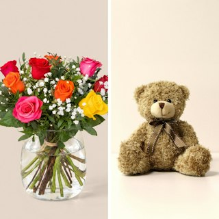 Bouquets de roses multicolores et son ourson Harry