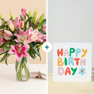 Brassée de lys et sa carte message Joyeux anniversaire