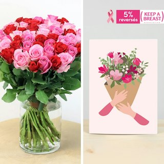 Brassée de roses et sa carte message Octobre rose