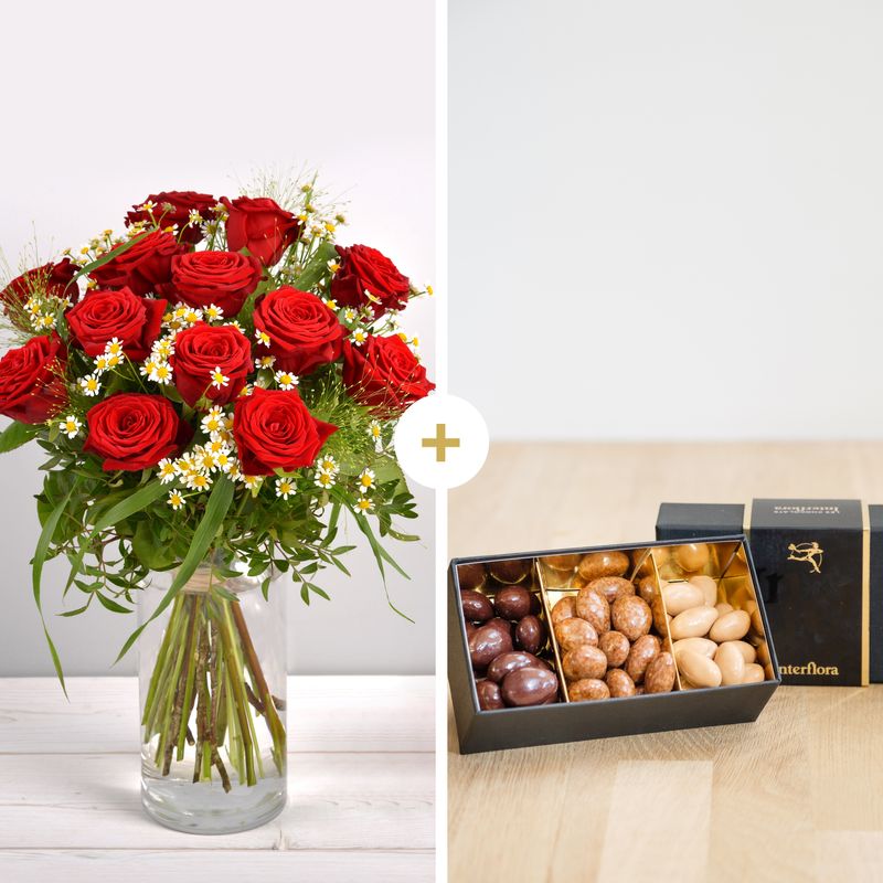 Bouquet Rouge idylle et ses amandes au chocolat - Fleurs & Cadeaux - Interflora