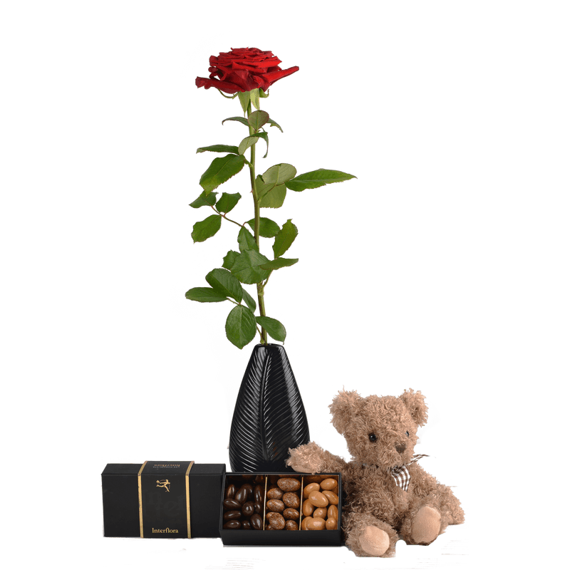 Cadeau livré en 4H : Rose rouge, Chocolats et Peluche - Interflora