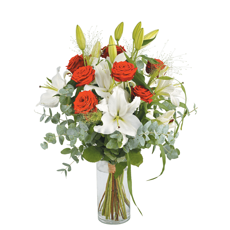 Orphée : roses et lys dans les tons rouge et blanc