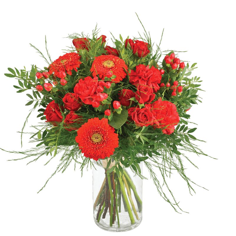 Pomme d'amour : roses, gerberas et hypéricum rouges