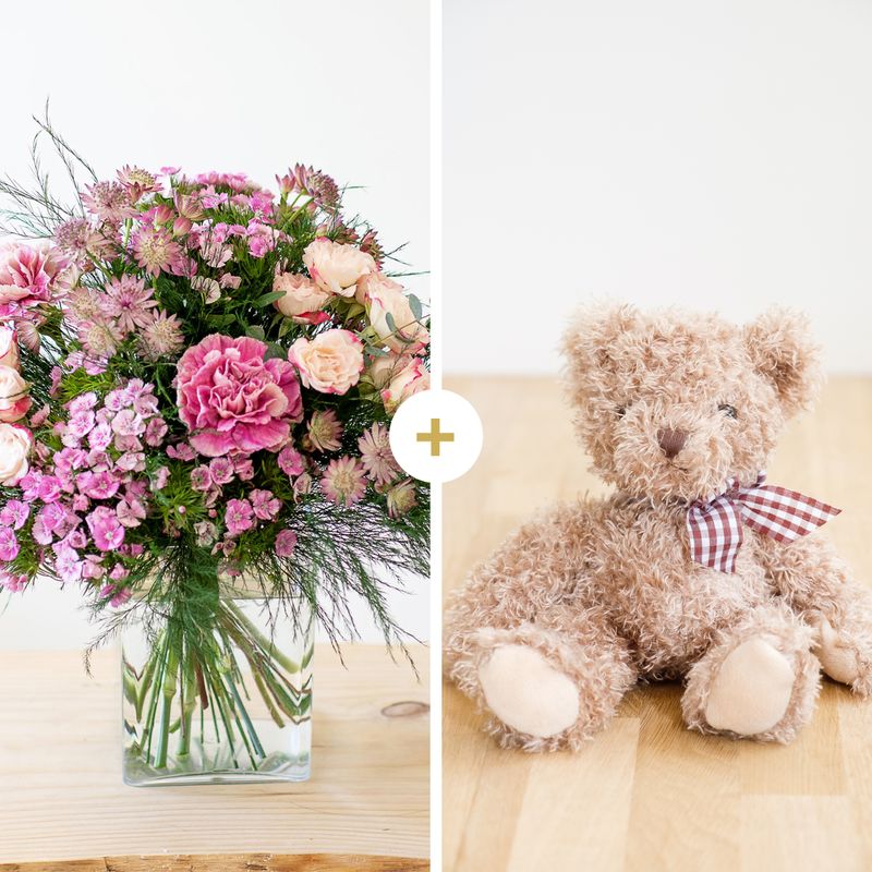 Cadeau Naissance Interflora - Bouquet de Fleurs & Peluche - Livraison en 4H