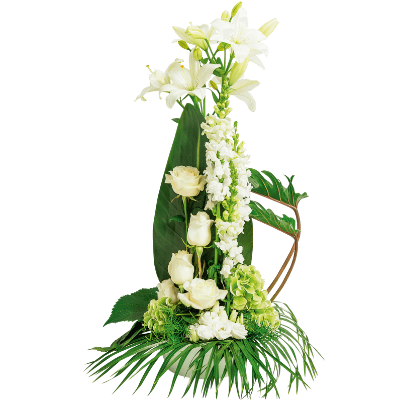 Fleurs Deuil Interflora : Composition contemporaine de fleurs piquées en hauteur