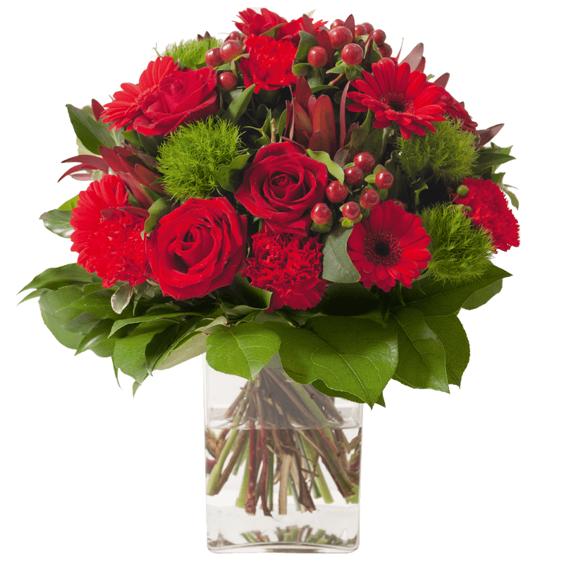 Bouquet deuil rond de fleurs variées rouges avec des roses