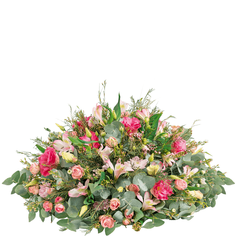 Fleurs Deuil Interflora - Coussin rond de fleurs roses - Livraison Enterrement