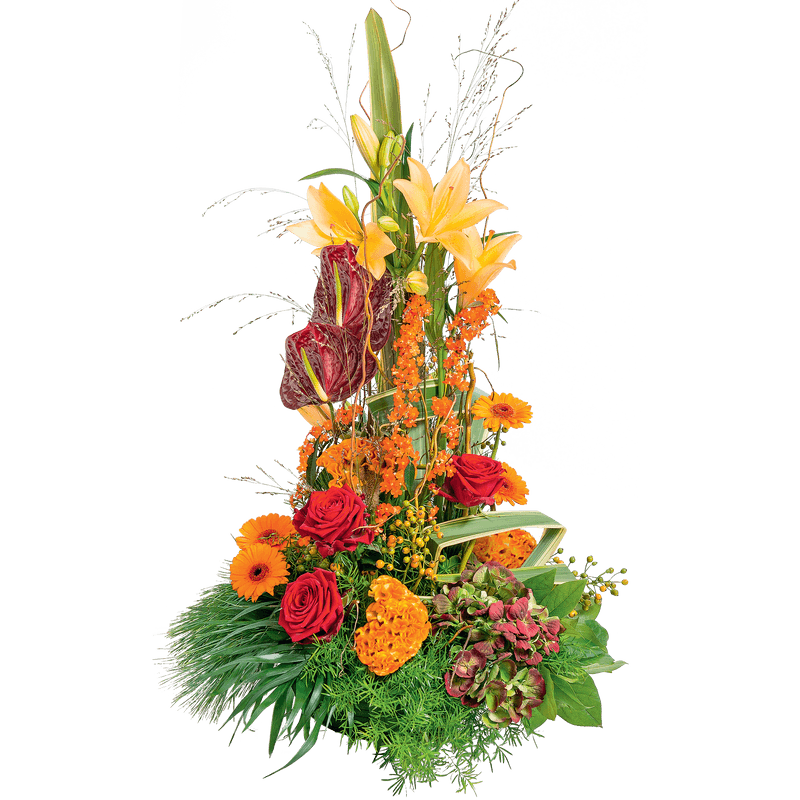 Coupe conique deuil de fleurs aux tons rouges et orangés